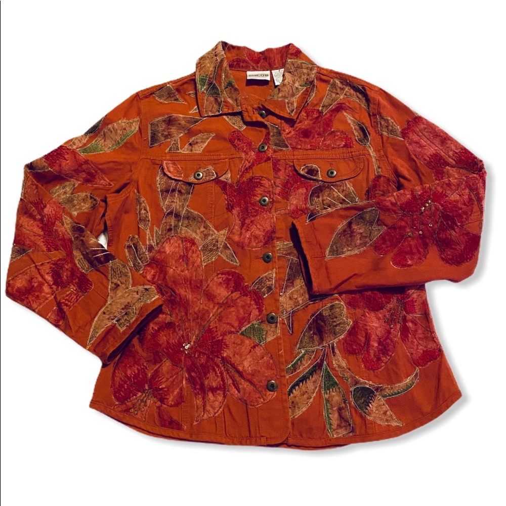 Chico’s red denim appliqué flower leaf jacket